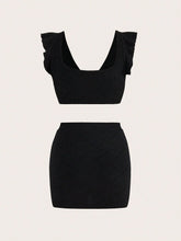 Women Summer Solid Color Twist Knot Short Sleeve Crop Top And Skirt Set